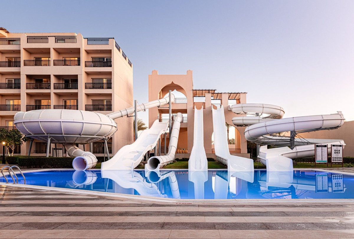 Its on-site aqua park 'Aqua Mania' — slides plus a pirate-ship water playground
